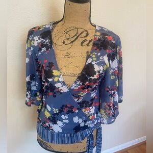 New York & Company Sheer Floral Wrap Blouse